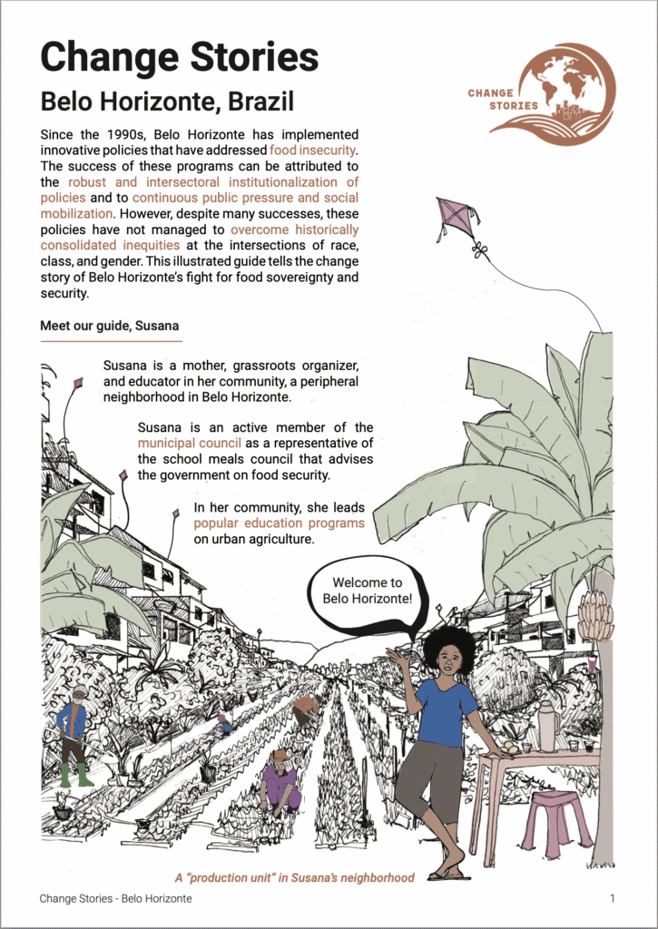 Front cover of graphic summary for Belo Horizonte, Brazil. Depicts woman in forefront with a pop-up message that reads "Welcome to Belo Horizonte". She is standing in a community garden with houses nearby. Other people are working in the fields, tending food crops.